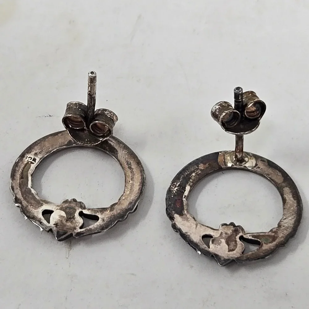 Vintage Sterling Silver Claddagh Hoop Stud Earring Irish Love Loyalty Friendship